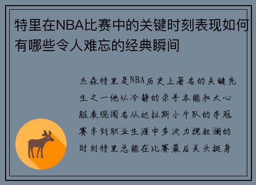 特里在NBA比赛中的关键时刻表现如何有哪些令人难忘的经典瞬间